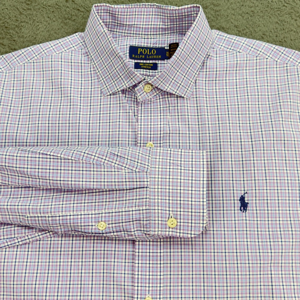 Polo Ralph Lauren Mens XL Purple Blue Plaid 100% Cotton Stretch Button Down
